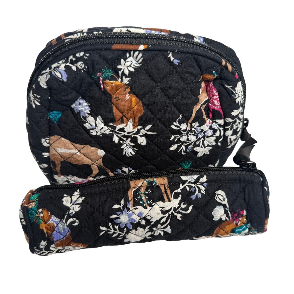 Vera Bradley Cosmetic and Brush Case SET Merry Mischief Pattern Black Animals